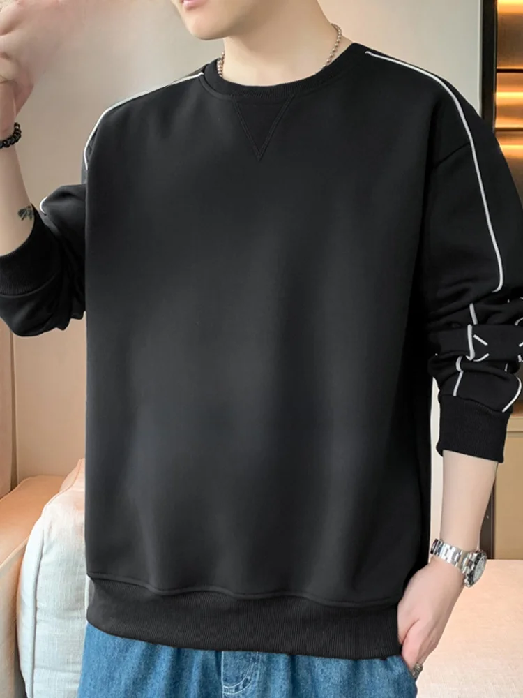 Camiseta Masculina de Moletom Estilo Americano com Caimento Solto, Gola Redonda, Manga Longa, Tamanho Grande, Confortável, para Uso Casual