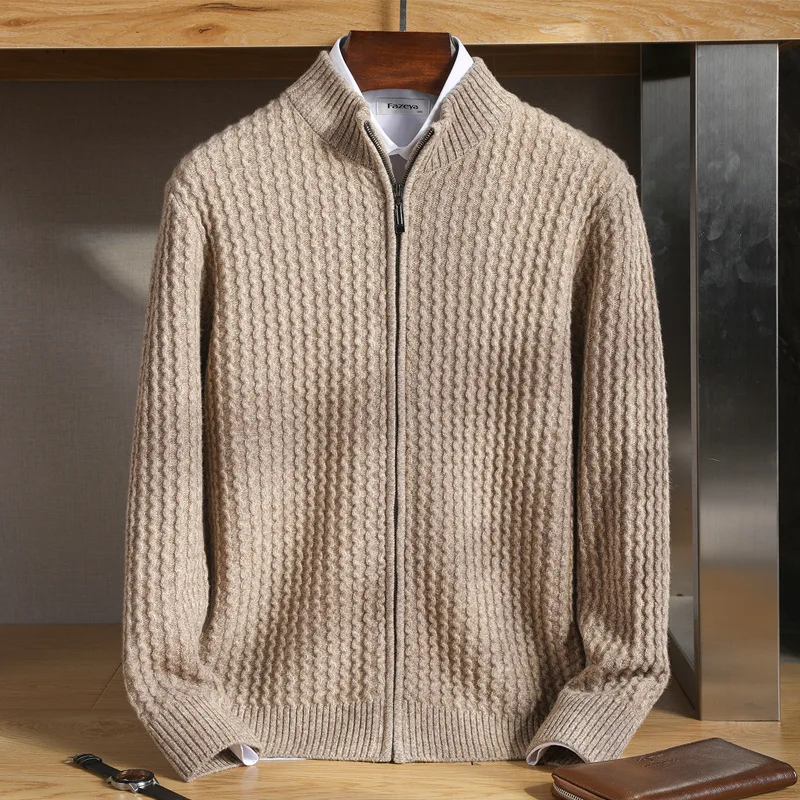 High quality men's Merino wool zipper cardigan, business casual knitted sweater, semi high neck, winter thick cashmere jacket
