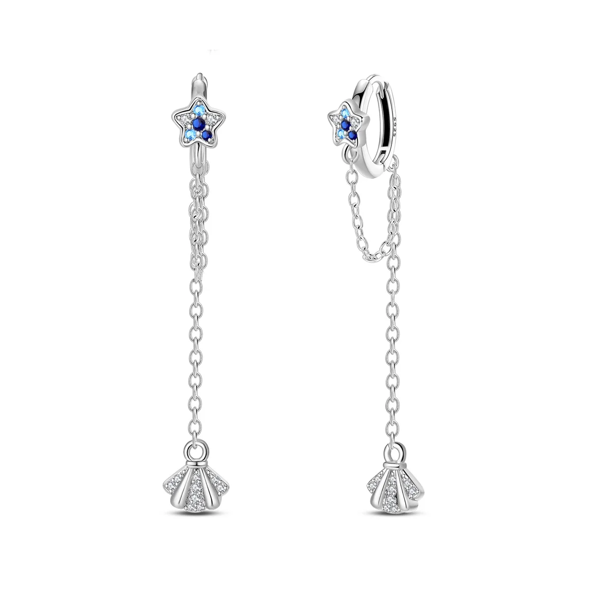 Niedliche versilberte Stern-Muschel-Ohrhänger mit blauen Zirkonia-Sternen und Zirkonia-Muschel-Quasten-Akzenten – Süßer Marine-Schmuck als Festivalgeschenk für sie