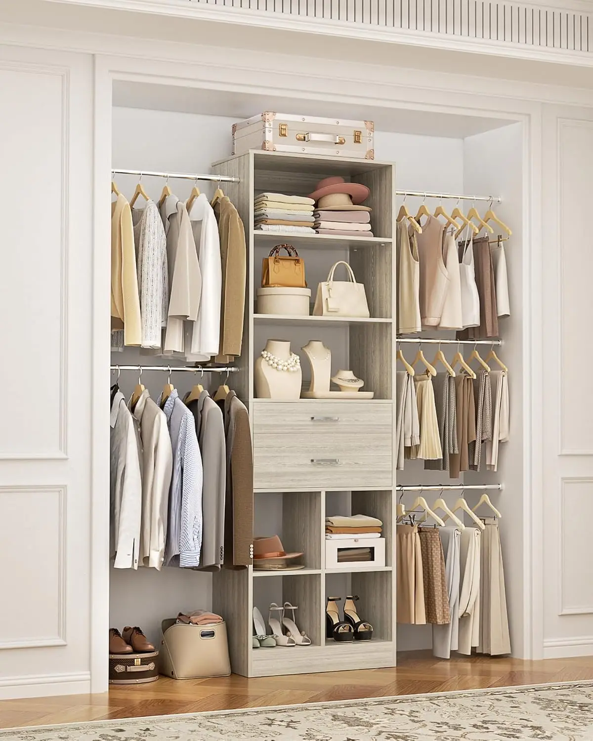 Small Closet Organizer with 2 Drawers & 5 Rods, 3.2-6.8FT Adjustable Walk-in Storage, 2.32 ft³, Greige Oak, Customized