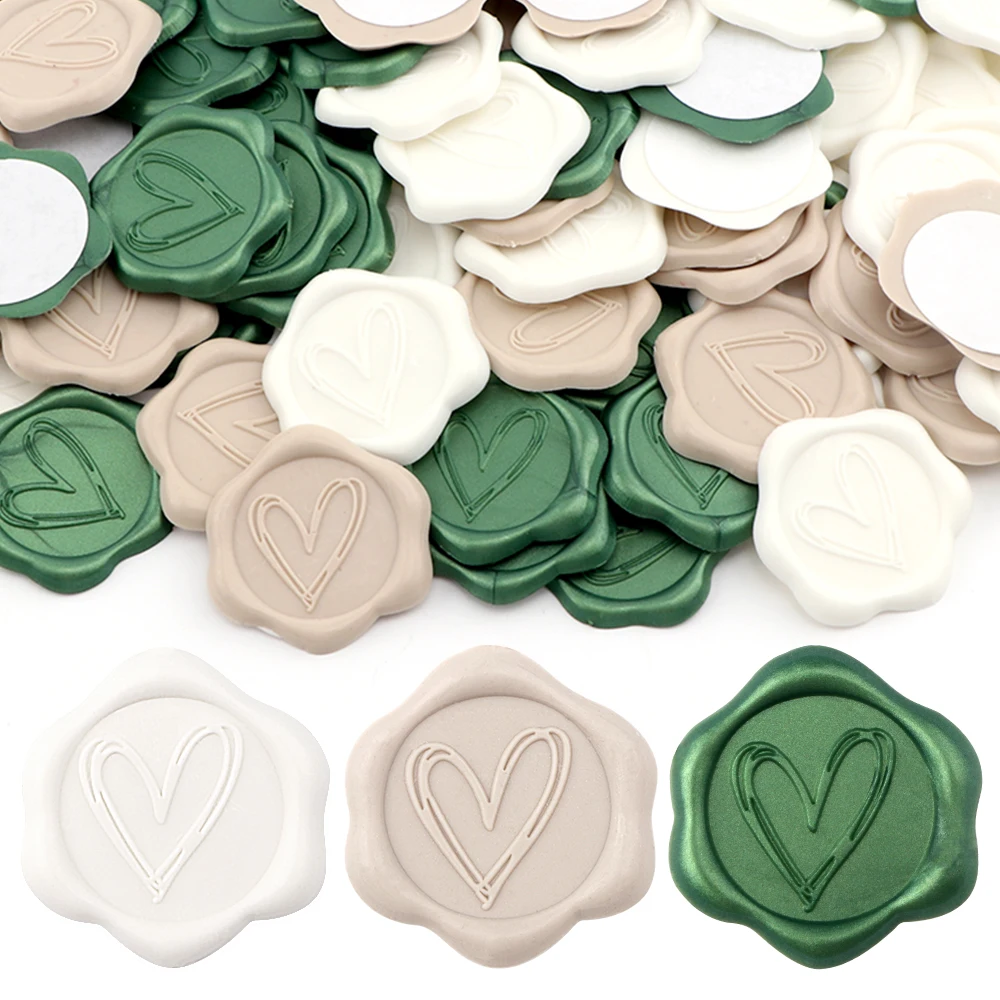 50pcs Heart Wax Seal Stickers, Envelope Seals Self Adhesive Stickers for Wedding Party Birthday Christmas(Green, Beige, White)