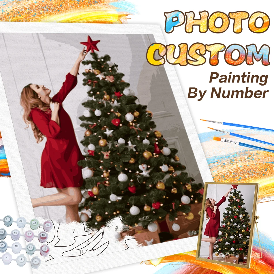 

PhotoCustom Christmas Painting By Numbers Hand Painted Unique Gifts Includes Acrylic Paints, Brushes & Color Guide DIY Personali