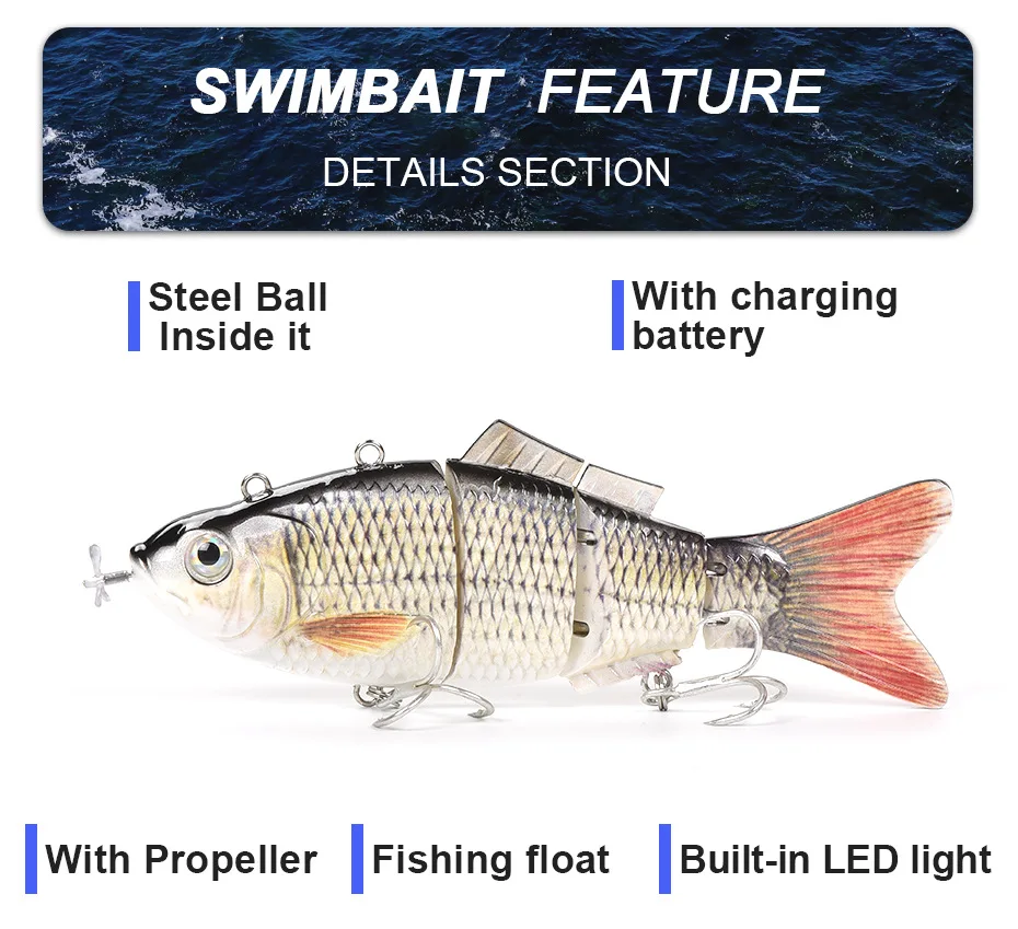 Auto Electric Multi-section Fish Simulation Bait Rechargeable Electronic LED Light-emitting Vibrating Propeller Motor Lure Set