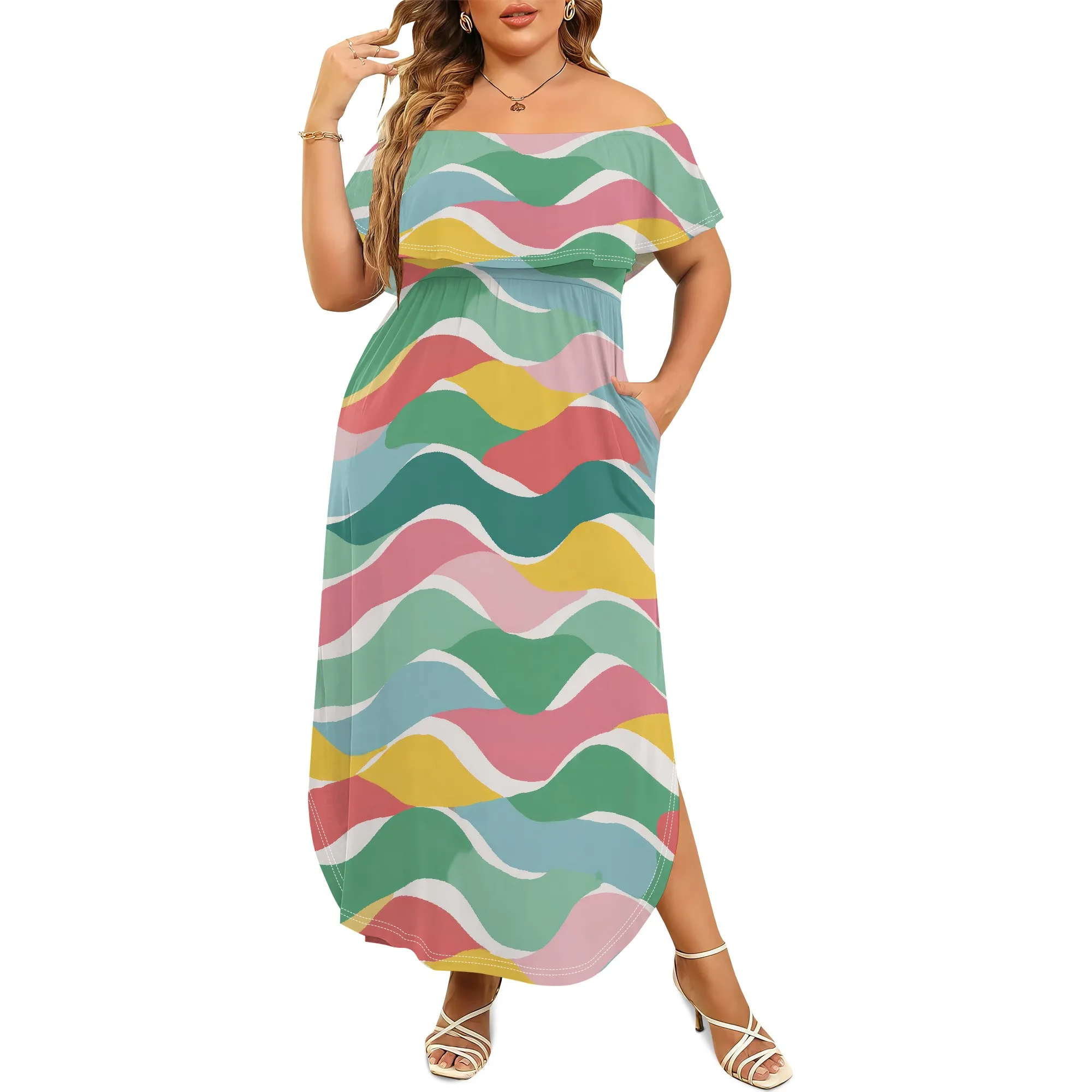 

Women Ruffle Floral Maxi Summer Dress Off Shoulder Short Sleeve Backless Flounce Bodice Slit Hem Beach Dresses