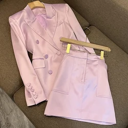 2022 New Autumn women's clothing High Quality Star satin double-breasted suit jacket high-waisted skirt two-piece suit