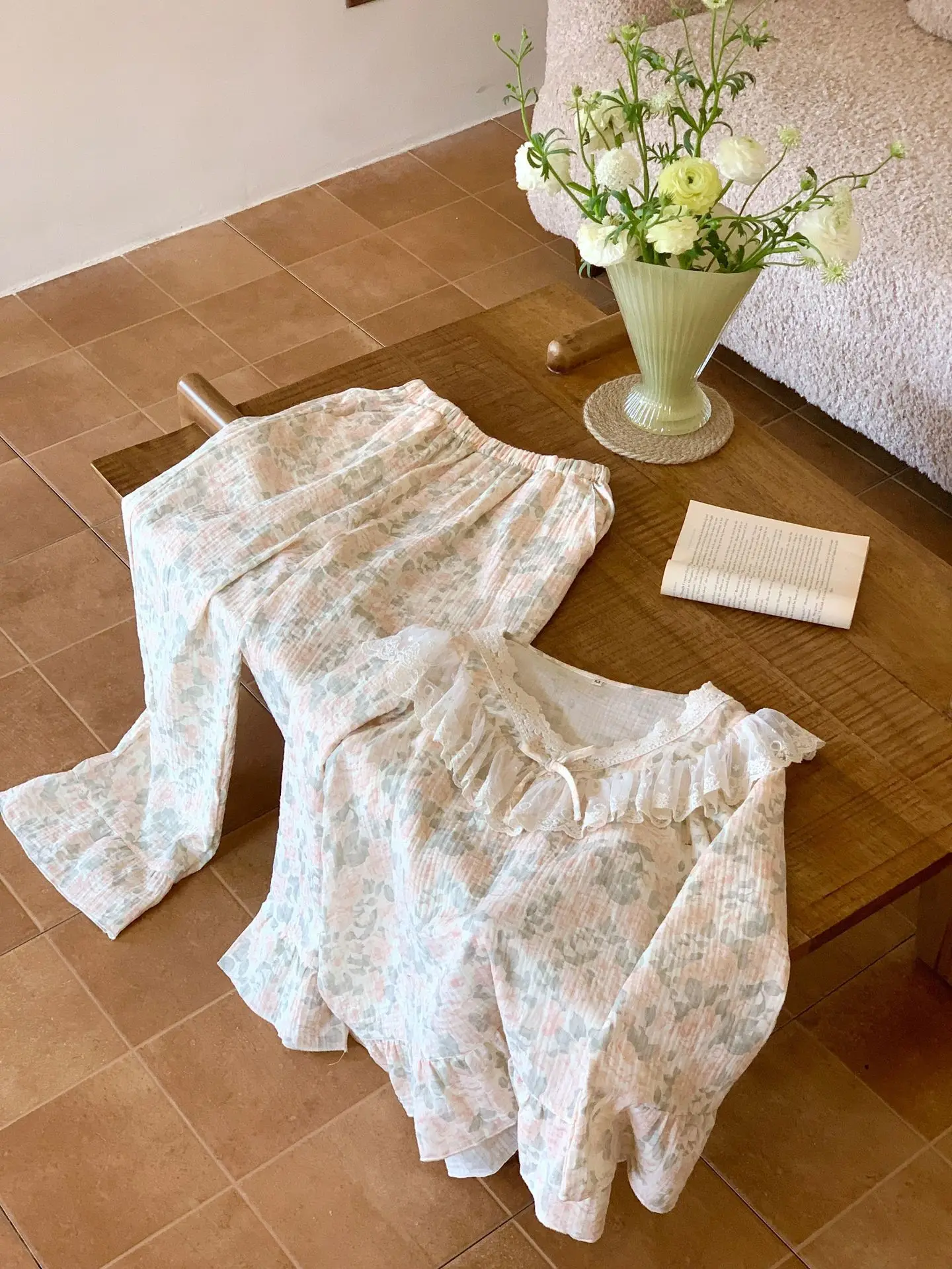 New Two Piece Set Stitch Pajama Autumn New Floral Long Sleeve Sleepwear Women's Cotton Pyjamas Set Loose Night Wear Female