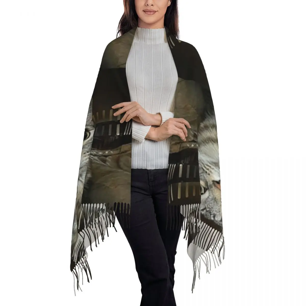 القط يبحث مباشرة إليك وشاح شرابة الأوشحة النساء شالات دافئة ناعمة ويلتف كبير الخريف الشتاء شال التفاف #2