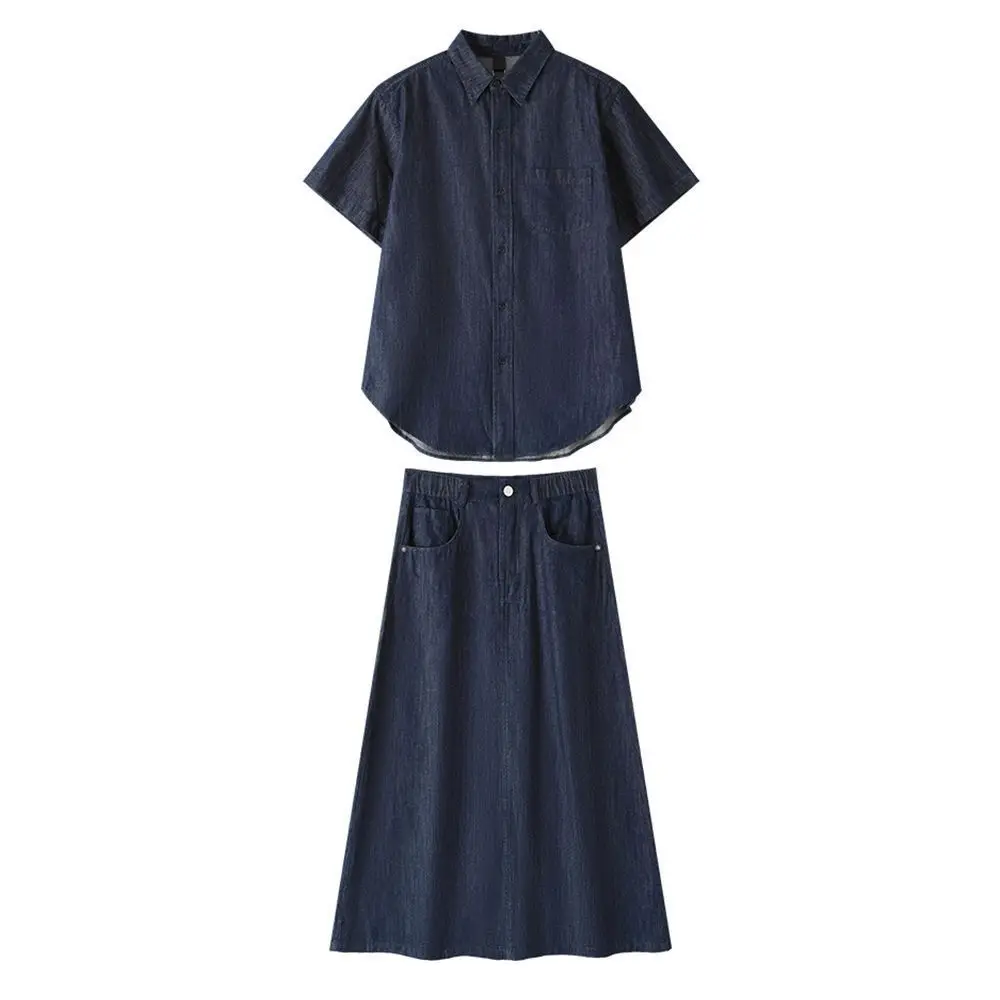 Summer Loose Casual Denim Short Sleeve Shirt And Skirt Set Women's Vintage Style Cotton Polyester Blend Leisure Outfit