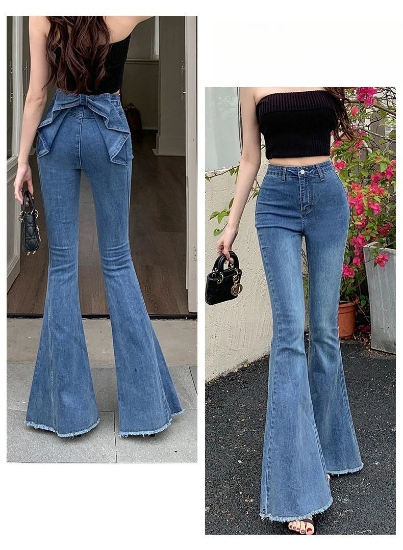 Bow Tie Jeans Women's American Vintage Three-dimensional Micro-large Summer Thin Pants New High-waisted Skinny Hip Flare Pants