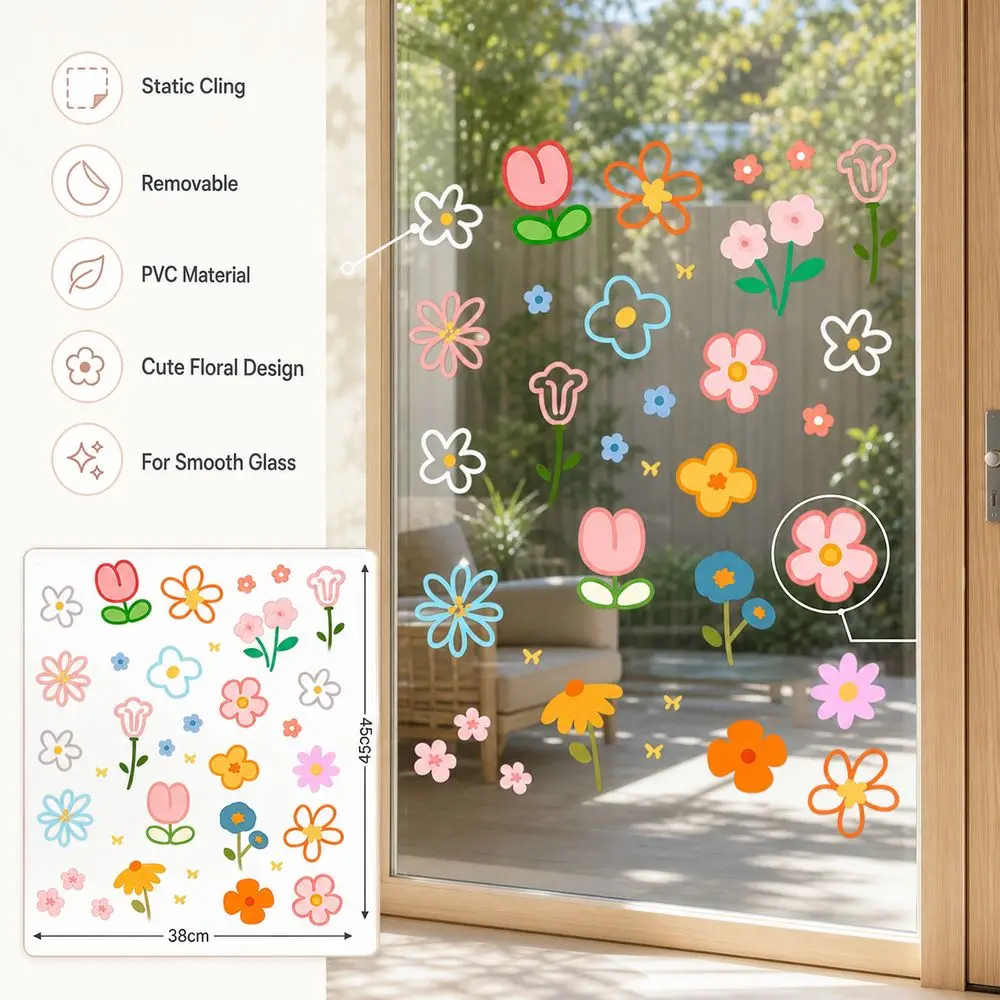 PVC Flower Glass Door Sticker Removable Waterproof Floral Window Sticker 38x45cm Self Adhesive Shop Window Sticker Mall Display