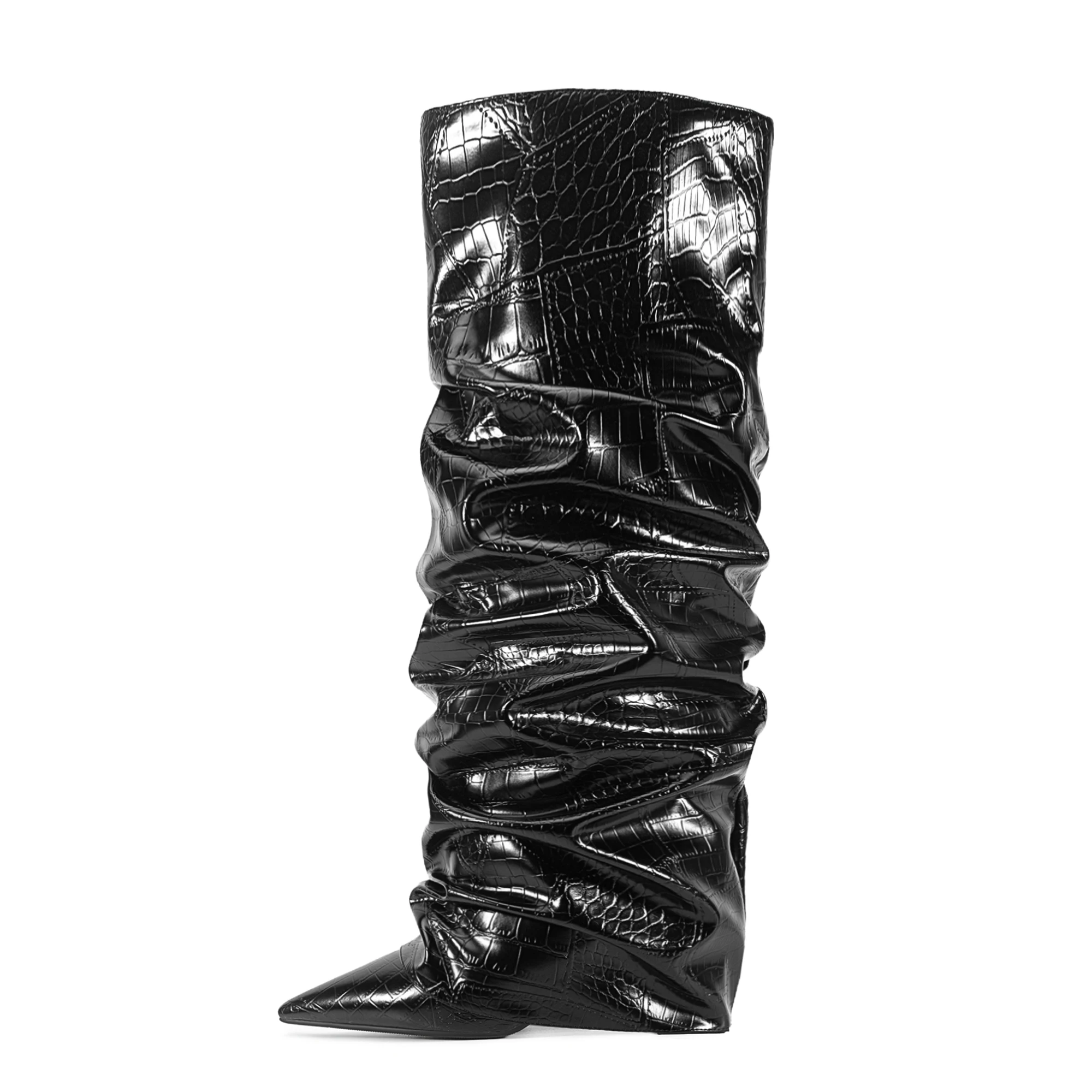 Arden Furtado Stone pattern Microfiber Pleated Knee-high boots Pointed toe slip-on Chunky heel Modern boots extra-large size