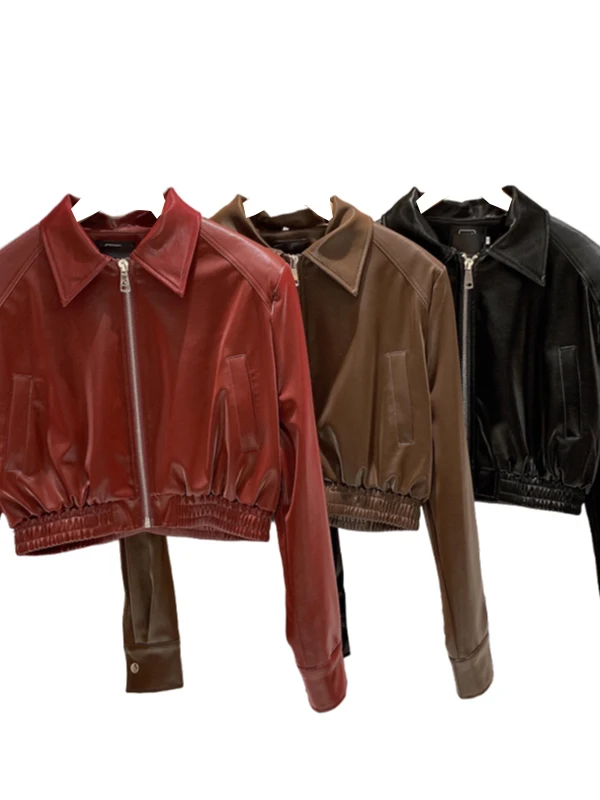 레트로 레드 스탠드 칼라 PU 가죽 재킷 여성용 2026년 봄 신상 홍콩 스타일 캐주얼 엘레강스 지퍼 코트