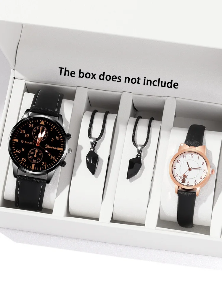 4pcs Fashion Versatile Creative Personalized Men and Women Couple Watch Quartz Watch with Love Pendant Necklace Combination Set