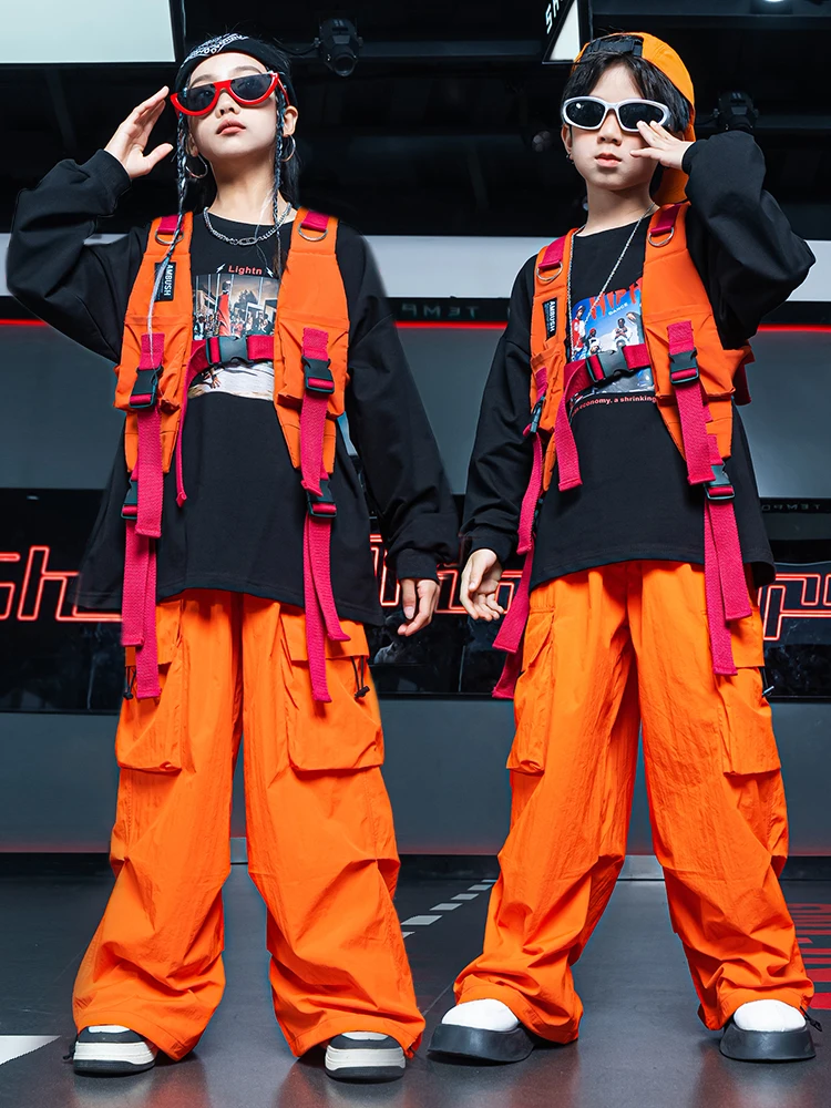 أزياء أداء رقص شارع الجاز للأطفال الهيب هوب بأكمام طويلة للأولاد مجموعة سترة السراويل البرتقالية