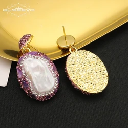 GLSEEVO Natural Baroque Pearl Fashion Purple Earrings For Women Bohemia Handmade Rhinestone Earring Stud 2023 New Party Gift