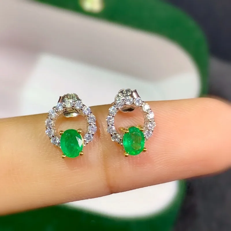 

YULEM 925 Sterling Silver Inlaid Natural Emerald Earrings Ear Wire Support Detection Fine Jewelry Stud Earrings