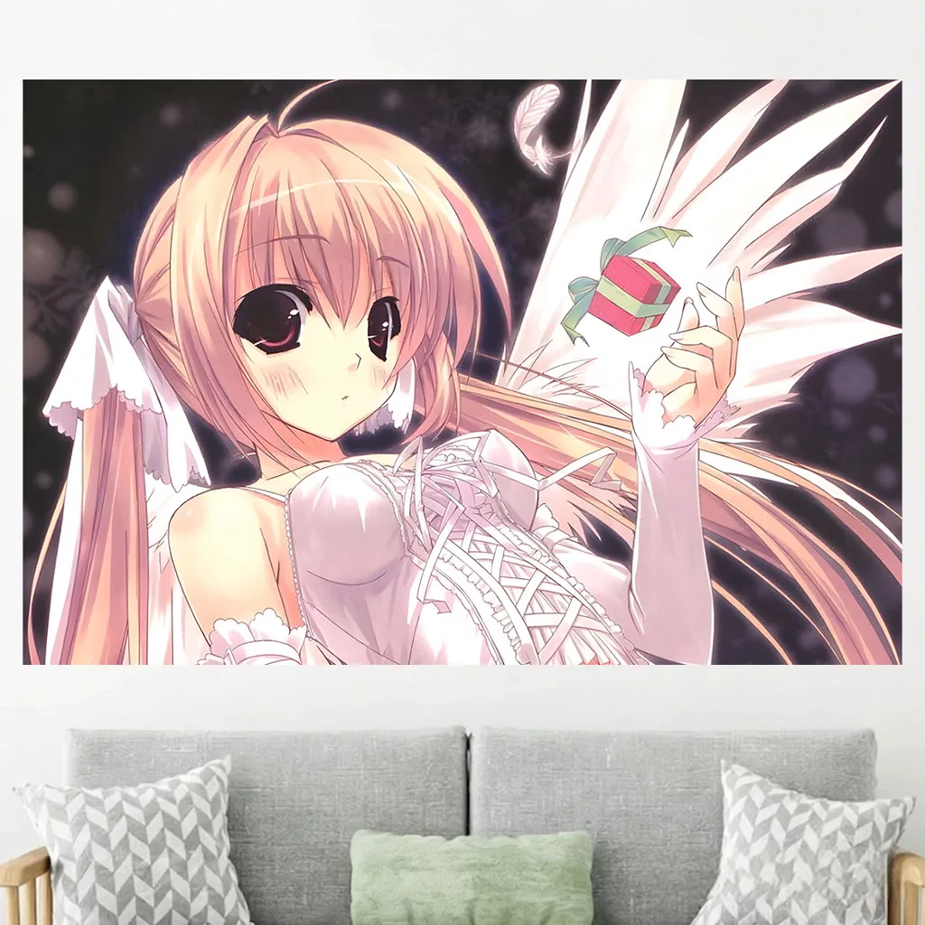 Anime Angel Girl Tapestry Pink Twin Tail White Wings Wall Hanging, Aesthetic Manga Decor Room Decor Items For Bedroom Dorm