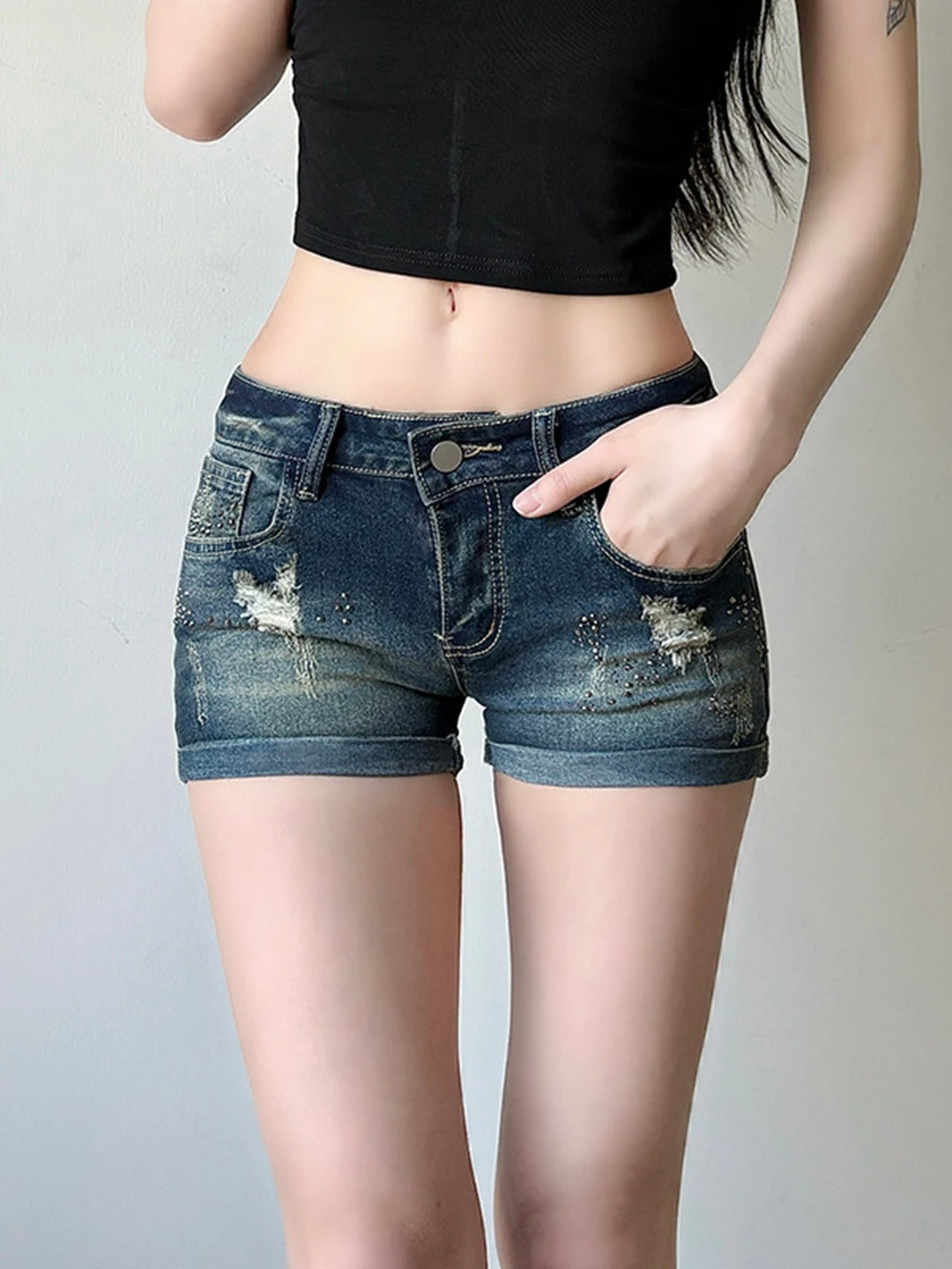 

Retro American Hole Denim Shorts Women Summer Large Size Slimming Roll Straight Leg Hot Pants Commute Style Low Waist