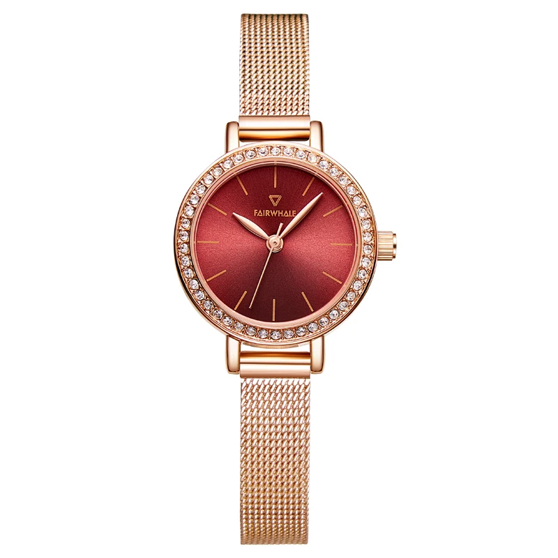 Mark Fairwhale Luxury Women's Quartz Watch Red Dial Leather Strap Diamond Case Rose Gold Fashion Montre Femme