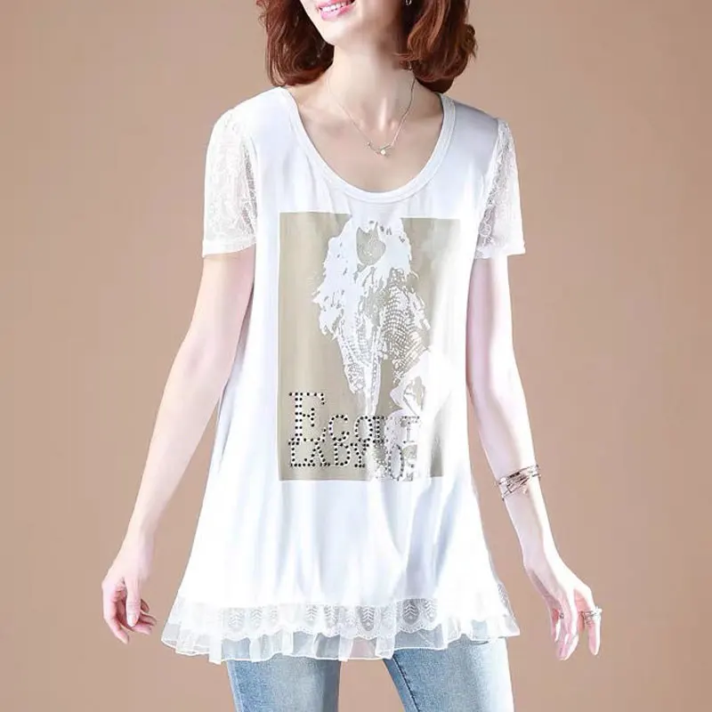 Casual Short Sleeve Elegant Lace Patchwork T-shirt Women\'s Clothing Fashion Printed Diamonds Summer Loose O-Neck Midi Pullovers