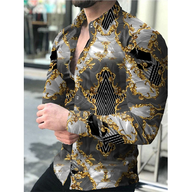 Fashion Luxury Men's Social Shirt Casual Leopard Chain Print Lapel Long Sleeve Shirt Streetwear High Quality Men Clothing Shirts