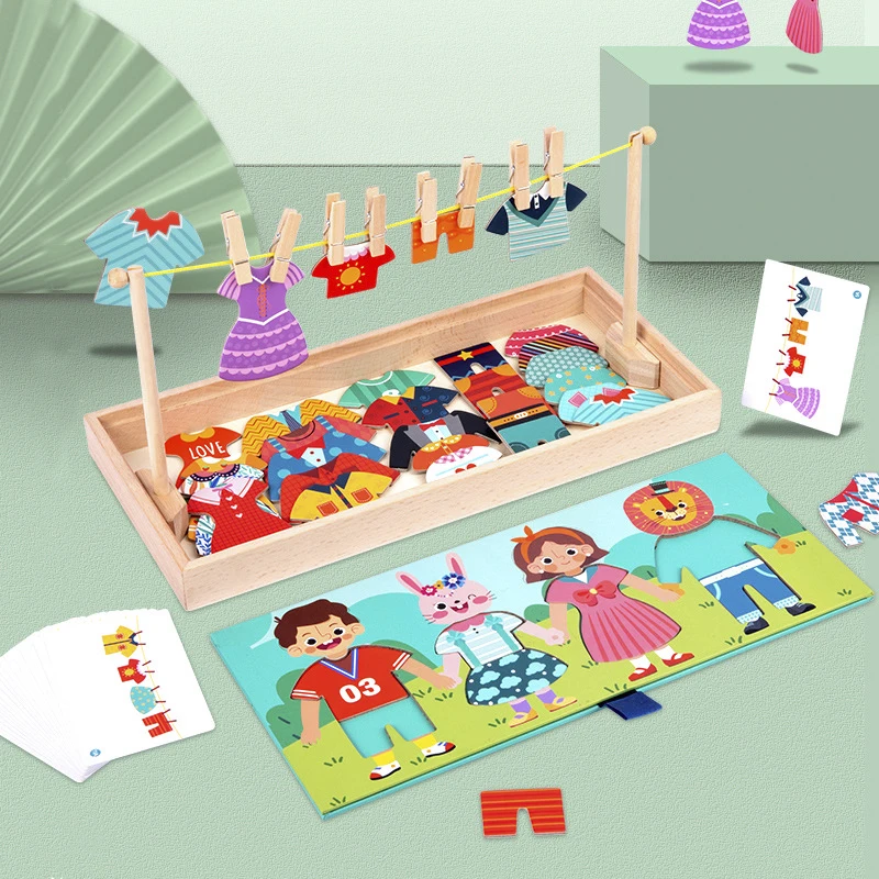 Droogrek Kleding Verkleedpuzzel Logisch denken Matching Sorteren Educatief spel Kinderen Montessori Houten speelgoed Meisjes