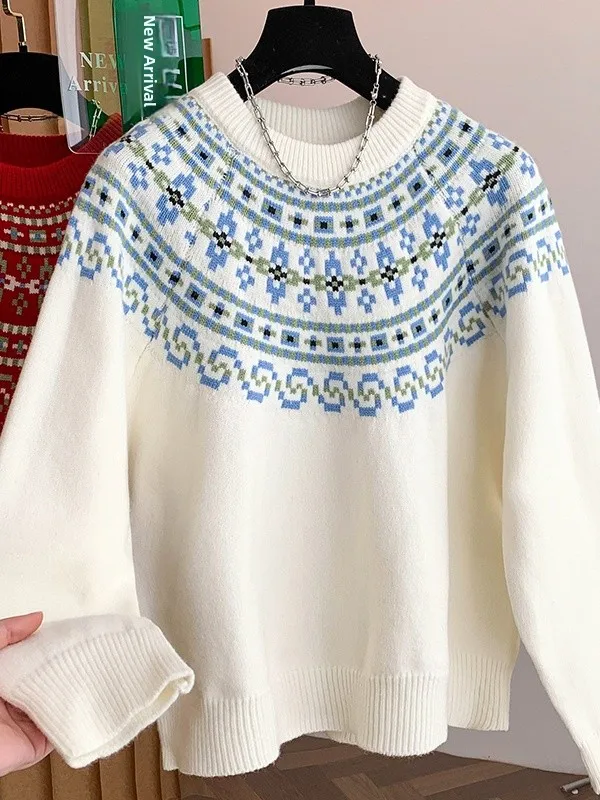 

Retro Color Blo Knitwear Loose Fit Women's Sweater Slimming Trendy Long Sve round Ne Geometric Pattern Casual Sle