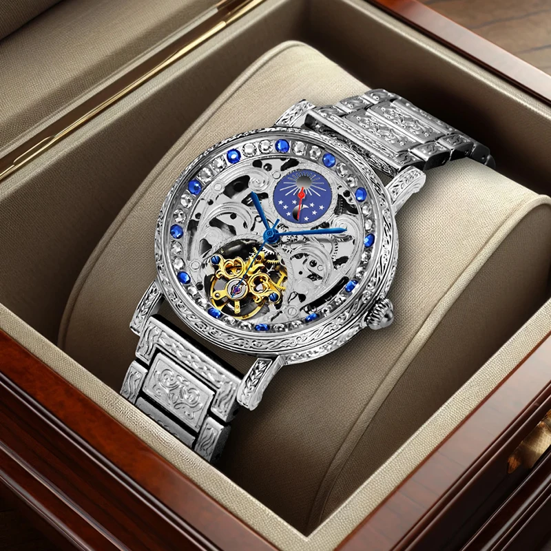 

A stylish men's business mechanical watch with an eye-catching silver sun and moon engraved stainless steel band