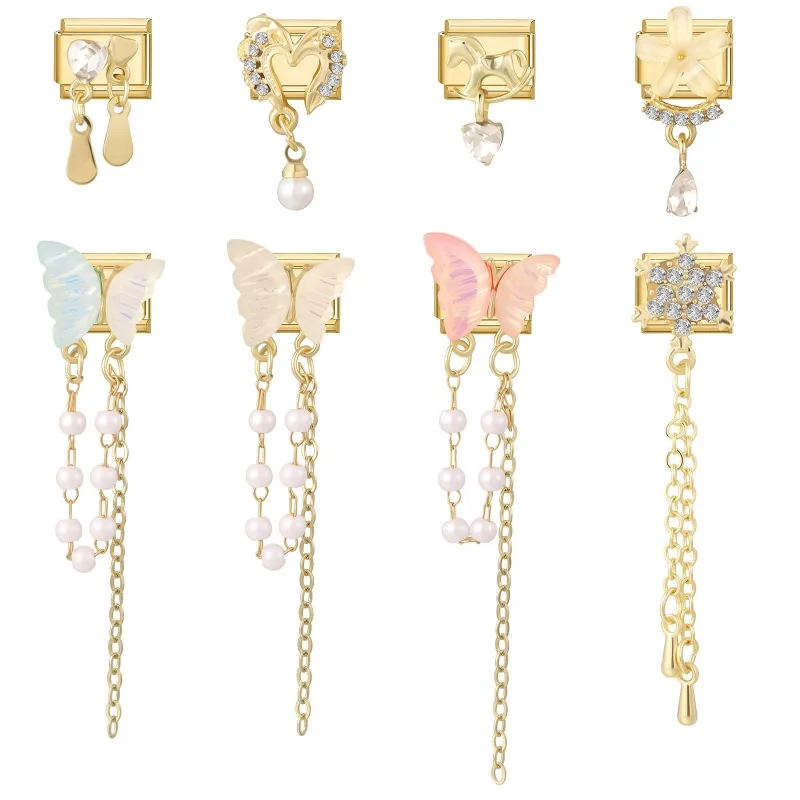 Pendentif long en zircon, cœur d'amour et papillon doré, breloques italiennes compatibles avec bracelet en acier inoxydable de 9 mm, pour fabrication DIY, cadeau, vente en gros