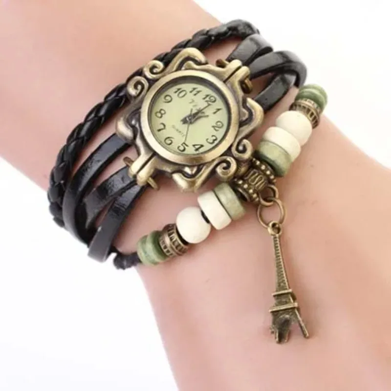 Jam tangan wanita kasual Vintage multilapis kupu-kupu Faux kulit gelang jam tangan wanita gelang jam tangan