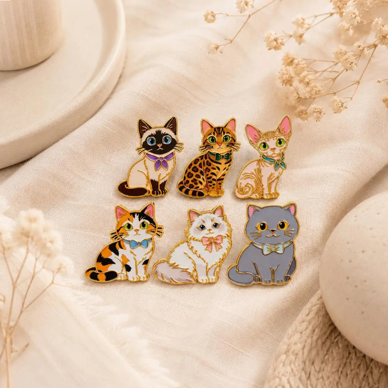 Cute Bow Tie Cat Brooch Siamese Ragdoll Sphynx Metal Enamel Pins Badge on Backpack Clothing Accessories Jewelry Gift for Friend
