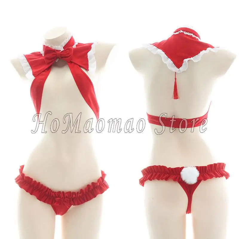 Santa Sexy Costume Christmas Lingerie Set Cute Hollow Out Bikini Bowknot Ruffle Halter Neck Bra Rabbit Tail Briefs Cosplay Set