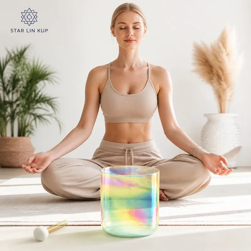 STAR LIN KUP 7.5 Inch Flat Bottom Straight Wall Crystal Singing Bowl Magic Yellow Tone Chakra Healing Meditation Sound