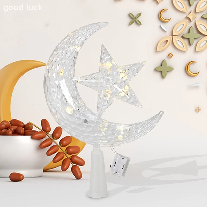 สําหรับ Eid Mubarak มุสลิมเครื่องประดับรอมฎอนตกแต่ง LED Moon Star ต้นคริสต์มาส Topper ตกแต่ง Moon Star โคมไฟ
