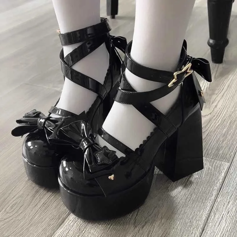 2024 Lolita Shoes Women Mary Janes High Heels Shoes Chunky Sandals Summer Fashion Retro Bow Party Platform Pumps