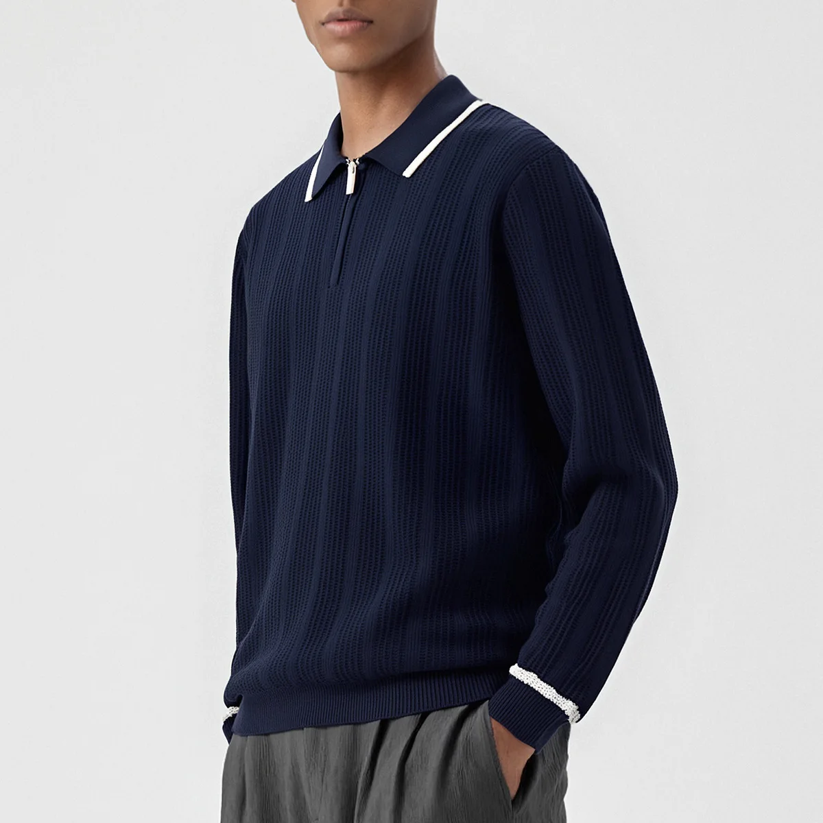 

Мужской свитер высокого качества, новый мужской вязаный свитер в стиле ретро, контрастный цвет, воротник с лацканами, удобный мужской вязаный пуловер