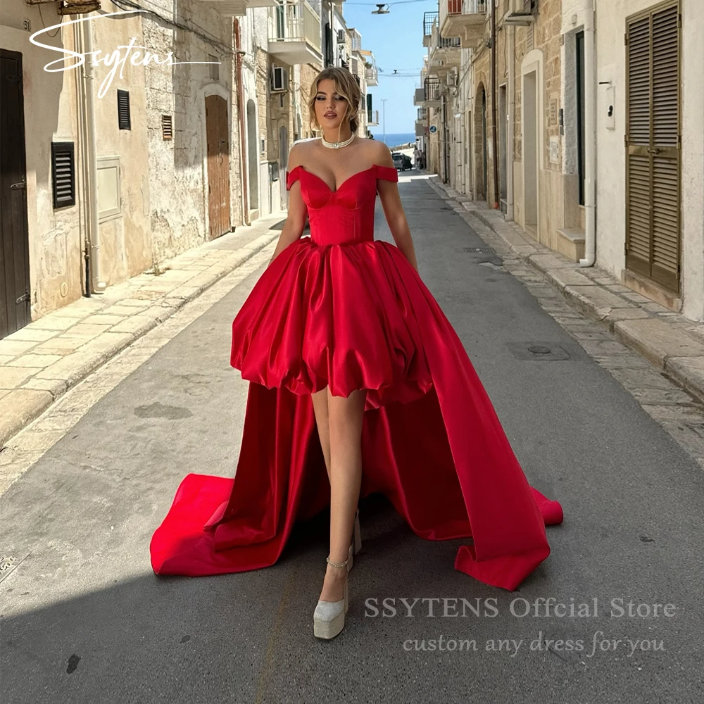 

SSYTENS Red Mini Cocktail Dress Lace Up Back Off Shoulder Birthday Prom Dress High Low Elegant Short Party Dresses Customized