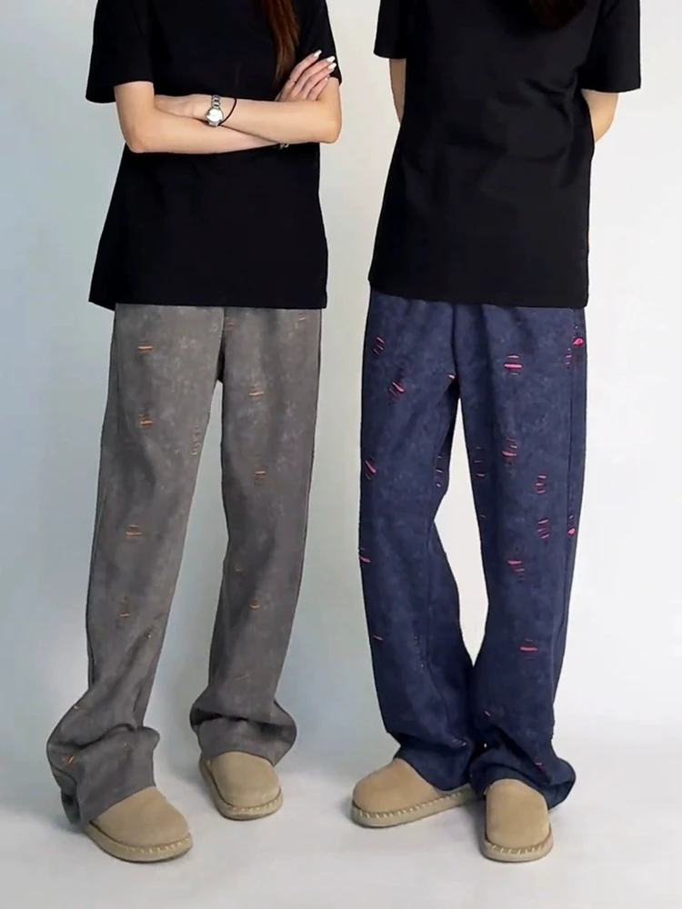 بنطلون رياضي نسائي بتصميم أمريكي عتيق مع فتحات، سروال واسع الساق فضفاض بتصميم مستقيم وعصري