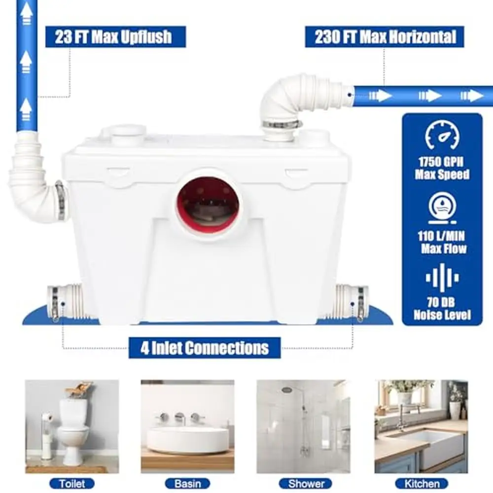 500W Macerating Toilet System Upflush Dual Flush Elongated Bowl Pump Compact Space Copper Motor Easy Installation Maintenance