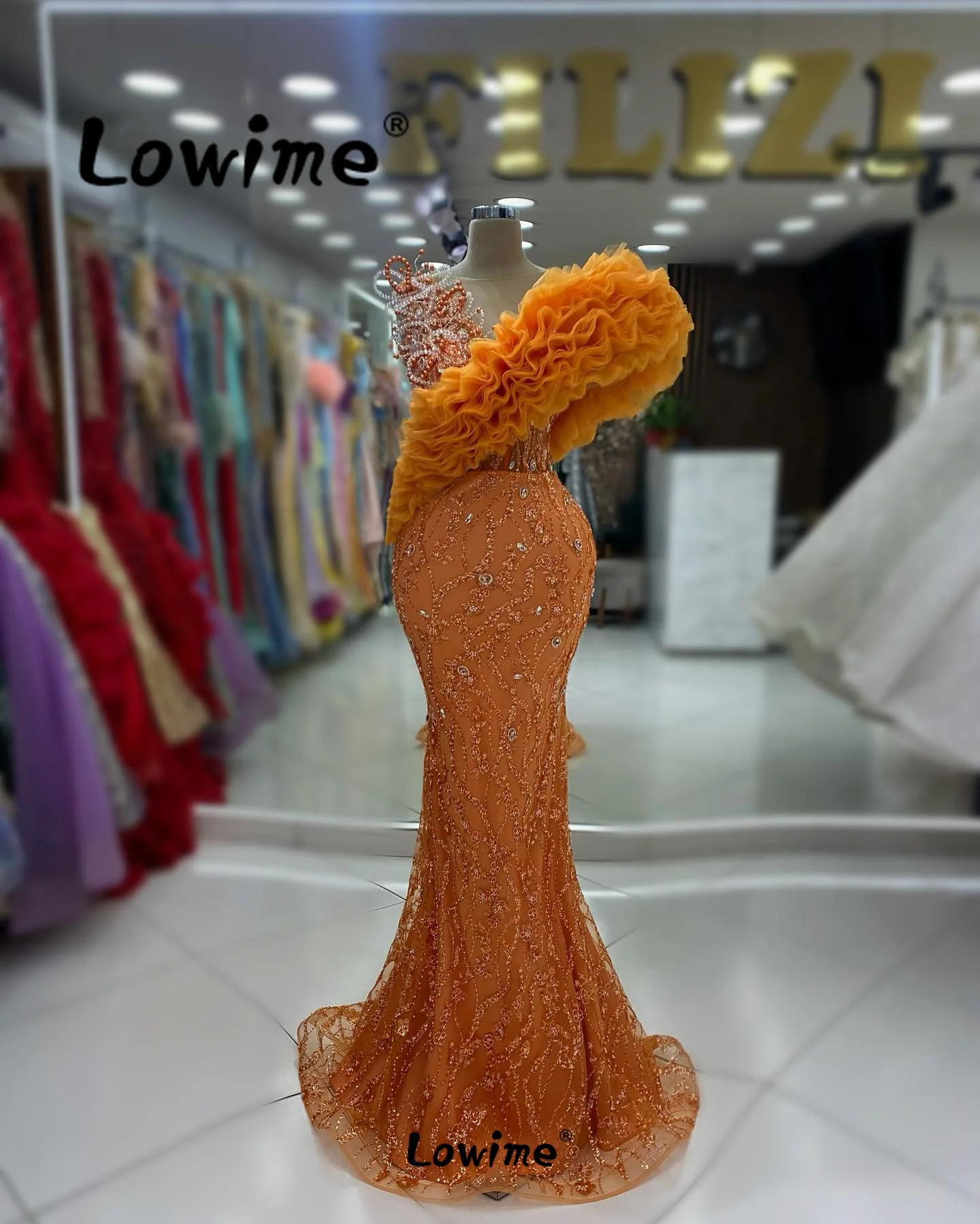 Orange Ruffles Mermaid Prom Dresses 2024 Long Aso Ebi Crystals Wedding Party Dress Robe De Soiree Beading Sequined Evening Gowns