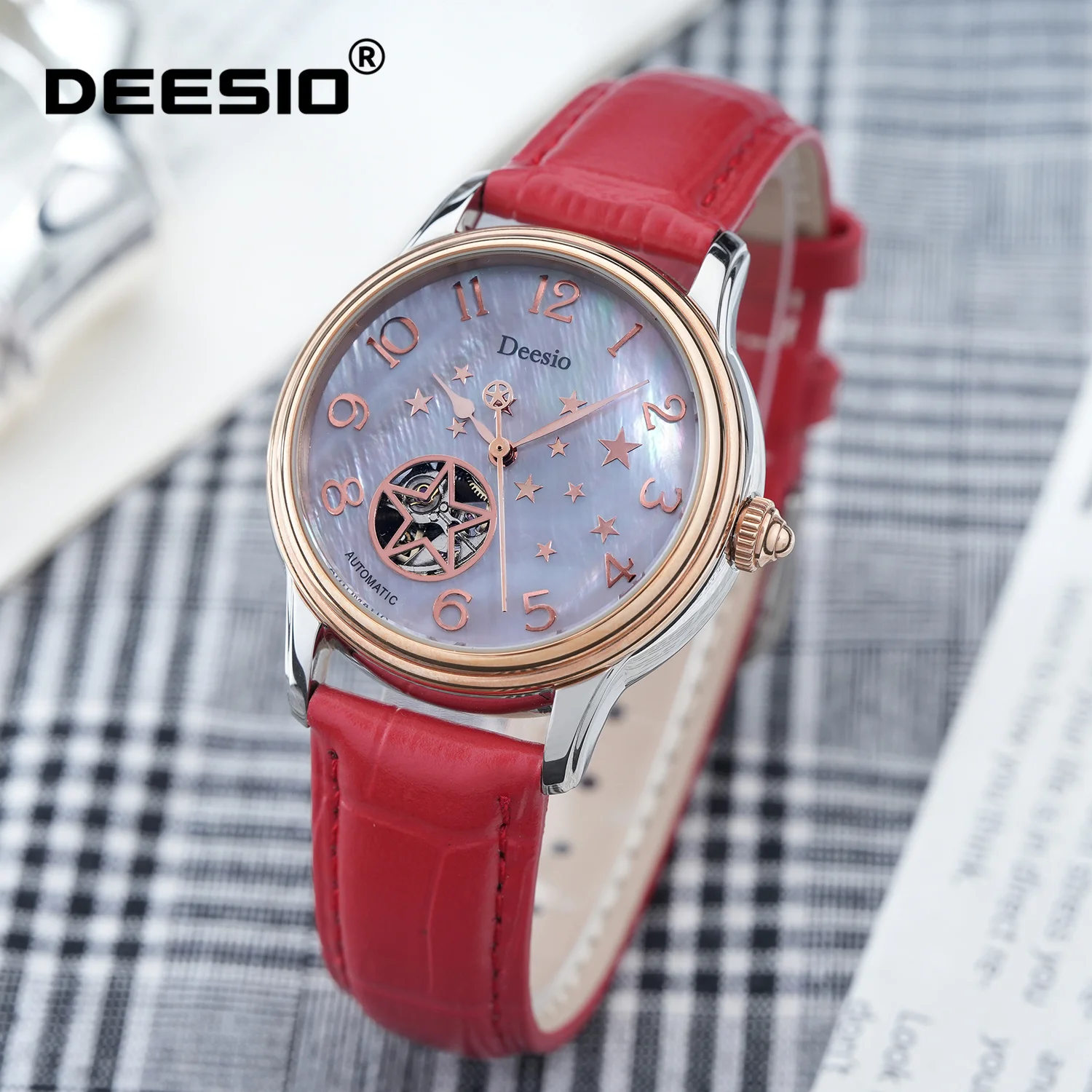 Deesio Women's Mechanical Watch 5ATM 50M Waterproof Skeleton Hollowed Stainless Steel Band Casual Dress Luxury Accessory Watch