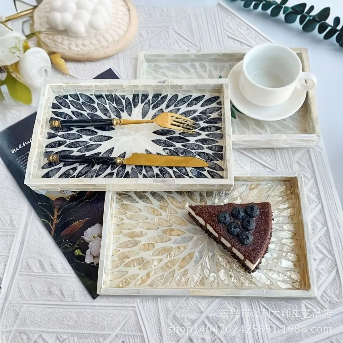 

Light Luxury Mother Of Pearl Serving Tray, Nordic American Natural Shell Handmade Tea Tray For Home Table Decor