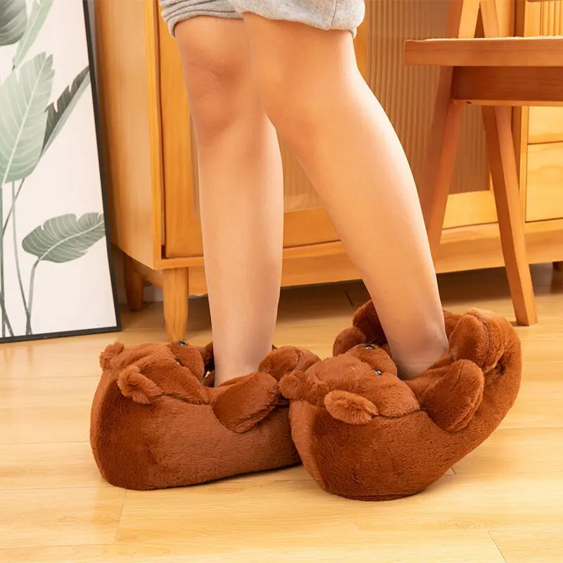 Women\'s Plush Bear Slippers Home Indoor Soft Anti-Slip Cute Winter Warm Floor Shoes Fluffy Slippers Cartoon Animal Fur Loafer