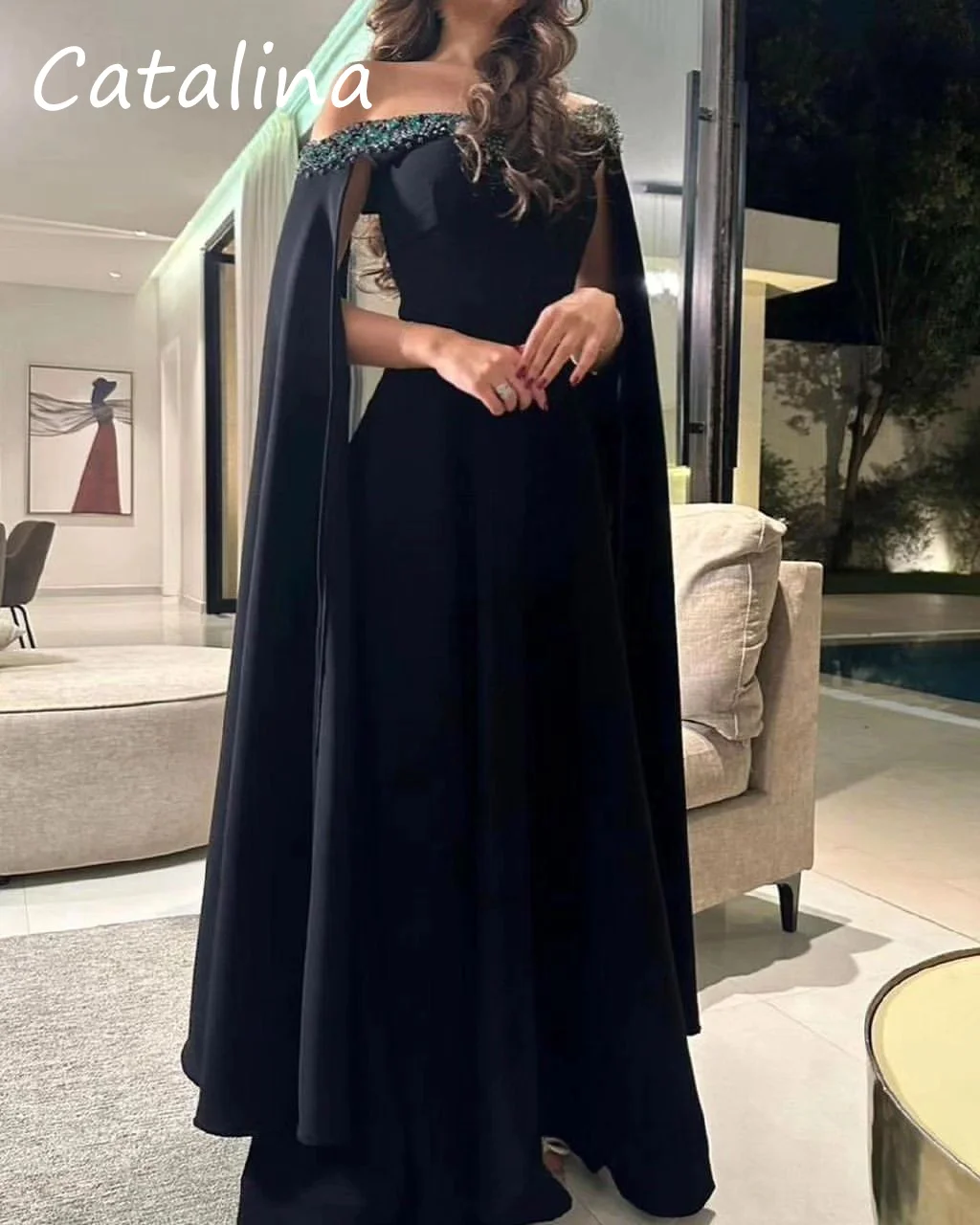 Elegant Green Beaded Evening Dress Off Shoulder Sequins Wedding Dress Ankle-Length Fashion A-line Arabia Formal Party Dress