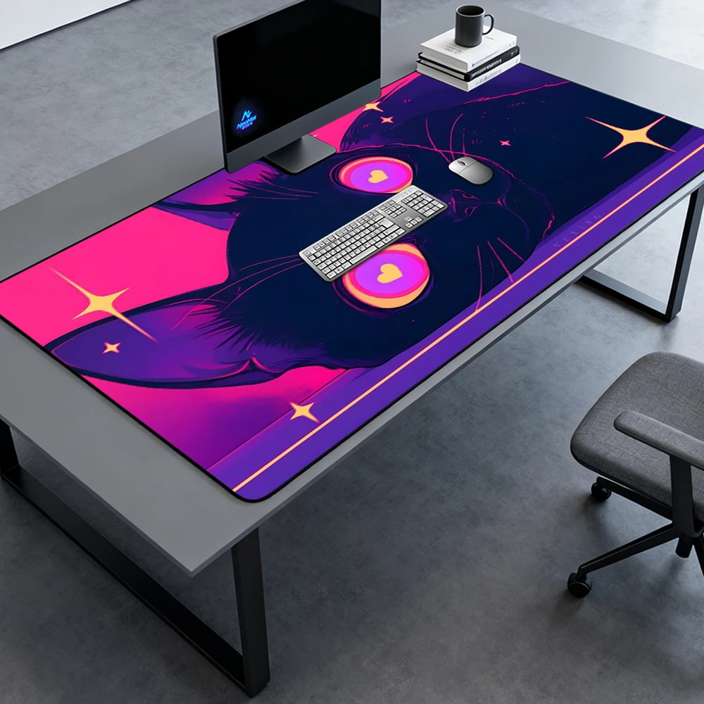 Neon Mouse Pad Mousepad 140x60 Black Cat Kawaii Gaming Desk Mat Pink Starry 160x60 Aesthetic Purple Mousepads Pc Gamer