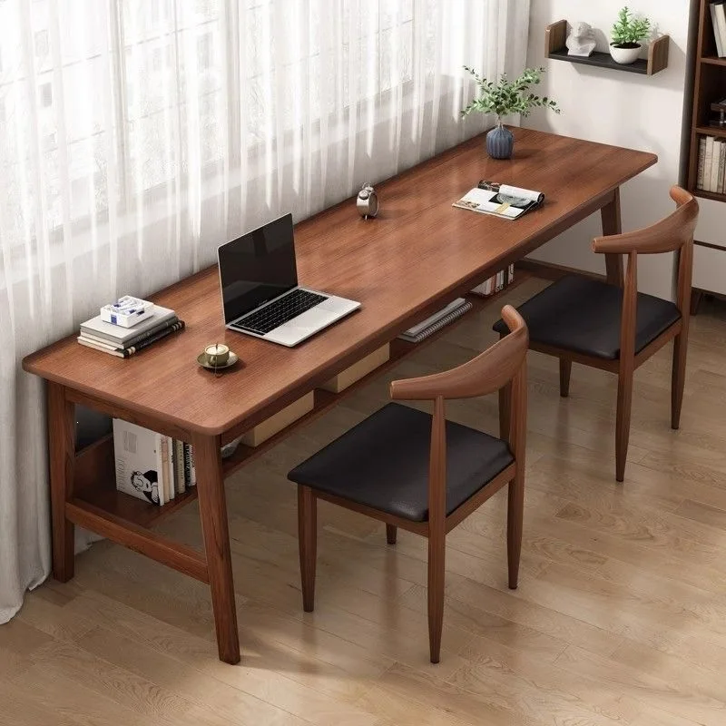 HYS Solid wood computer desk Desk Calligraphy table Household double study table against the wall Long narrow table Desk