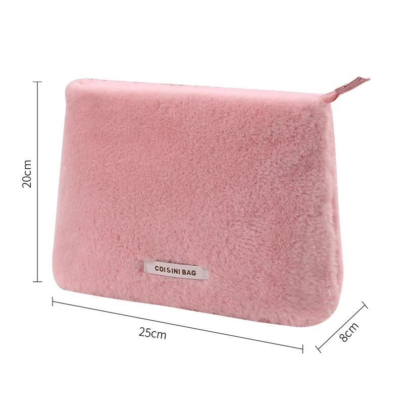 Warm Cosmetic Bag for Winter Fur Makeup Bags for Women Smooth and Soft Box for Travel Pure Colour Cute Washing Pouch with Zipper