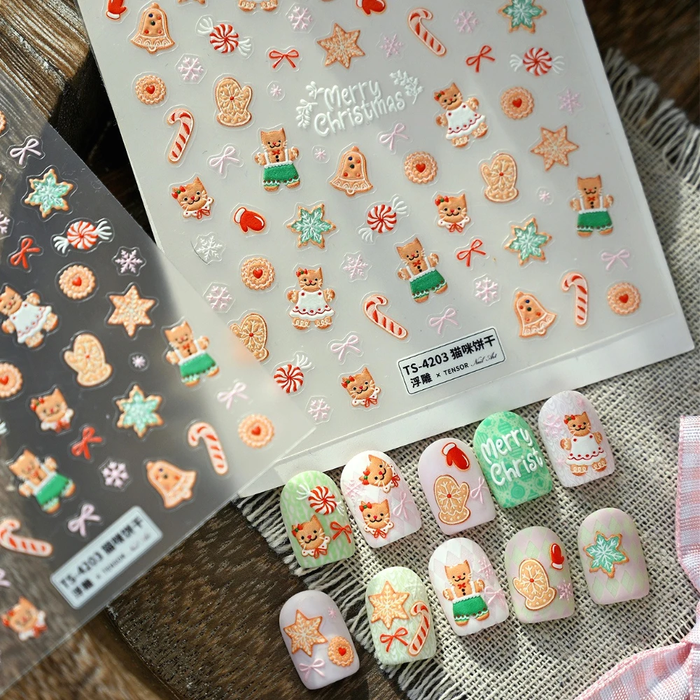 Navidad lindo galletas caramelo copo de nieve campana guantes gato pan de jengibre Bowknot 5D pegatinas de Arte de uñas en relieve calcomanías de manicura de Navidad