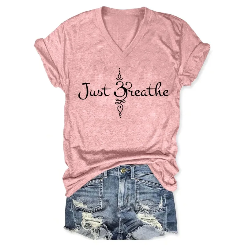 ilstile Women's Just Breath Print T-Shirts Summer Short Sleeve Casual Loose V Neck Tops Blue Tees Hot Sale