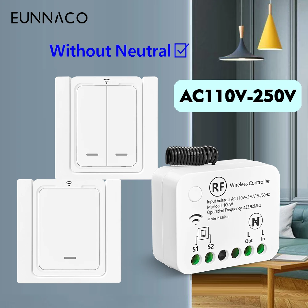 Interruptor de luz inteligente inalámbrico sin neutro RF433Mhz AC220V 110V receptor de cable en vivo único interruptor de Panel inalámbrico para luz de lámpara